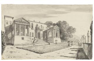 Carlo Labruzzi - A view of a villa from a terrace with a balustrade surrounded by statues