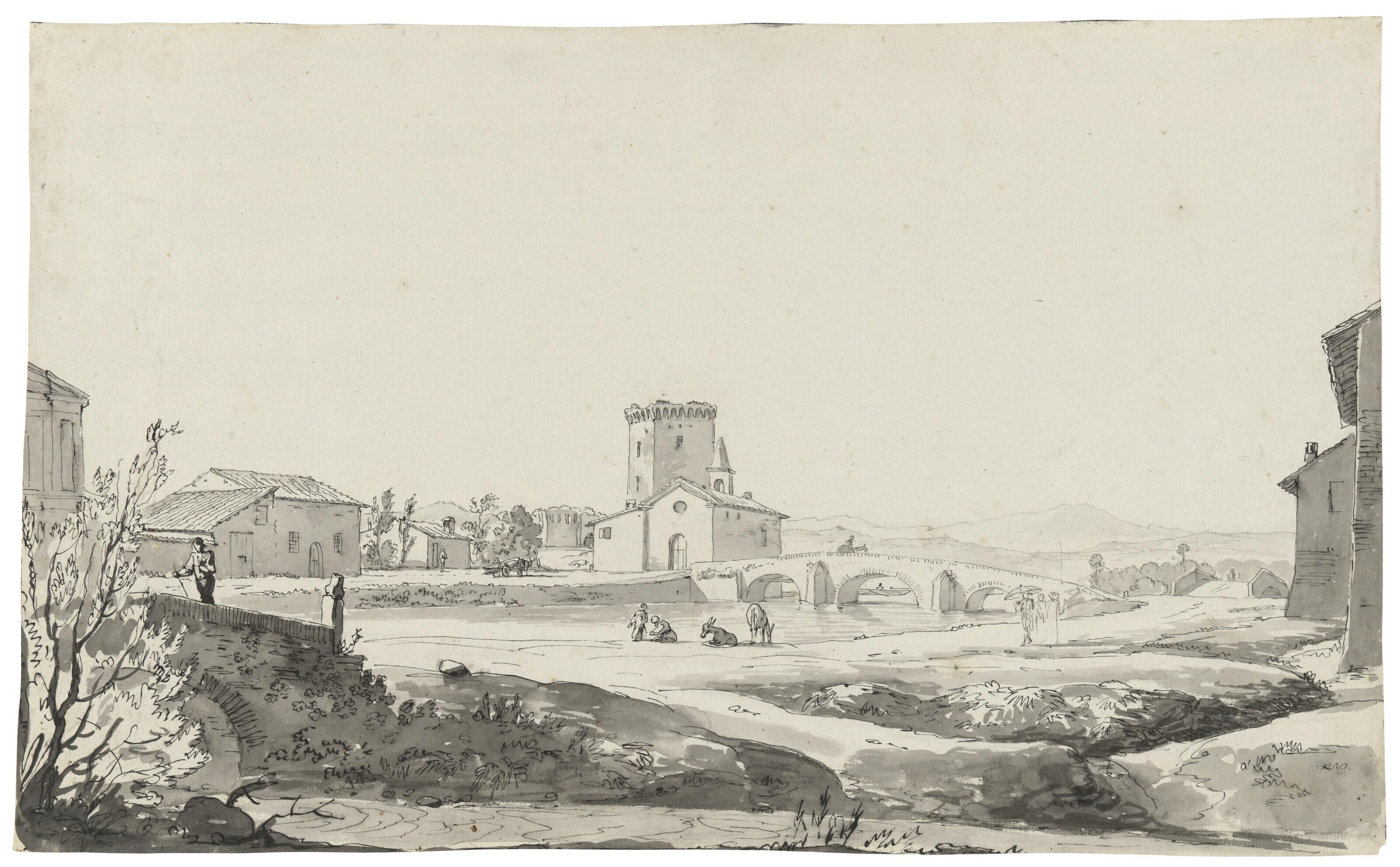 Carlo Labruzzi - A village on a river with a three-arched bridge beside a small church and a fortified building beyond
