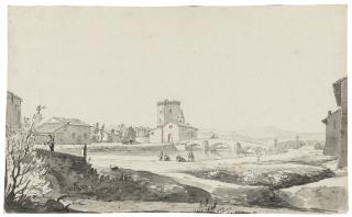 Carlo Labruzzi - A village on a river with a three-arched bridge beside a small church and a fortified building beyond