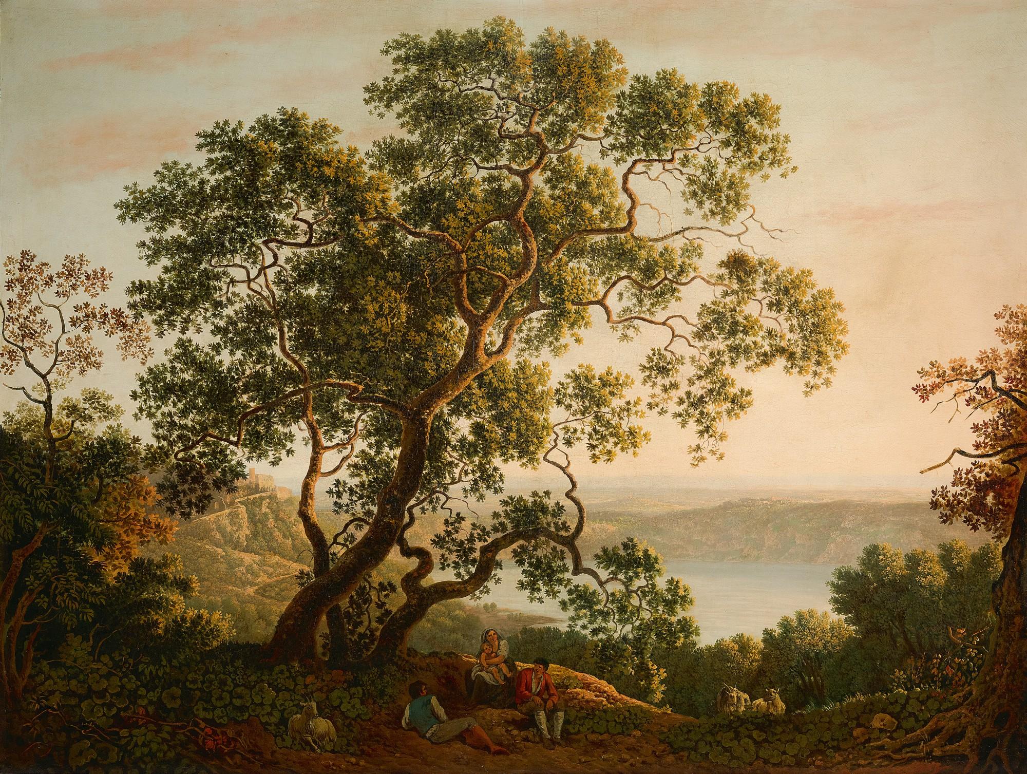 Carlo Labruzzi - Lago Di Nemi, A View At Twilight With Figures And A Flock Of Goats Resting In The Foreground