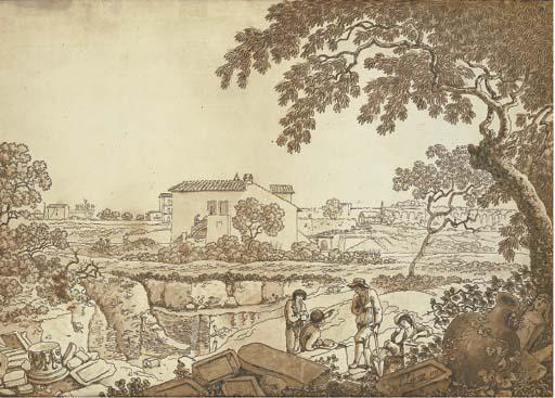 Carlo Labruzzi - Roma, sei scene di vita e vedute con antichi ruderi nei pressi dell\'Appia Antica