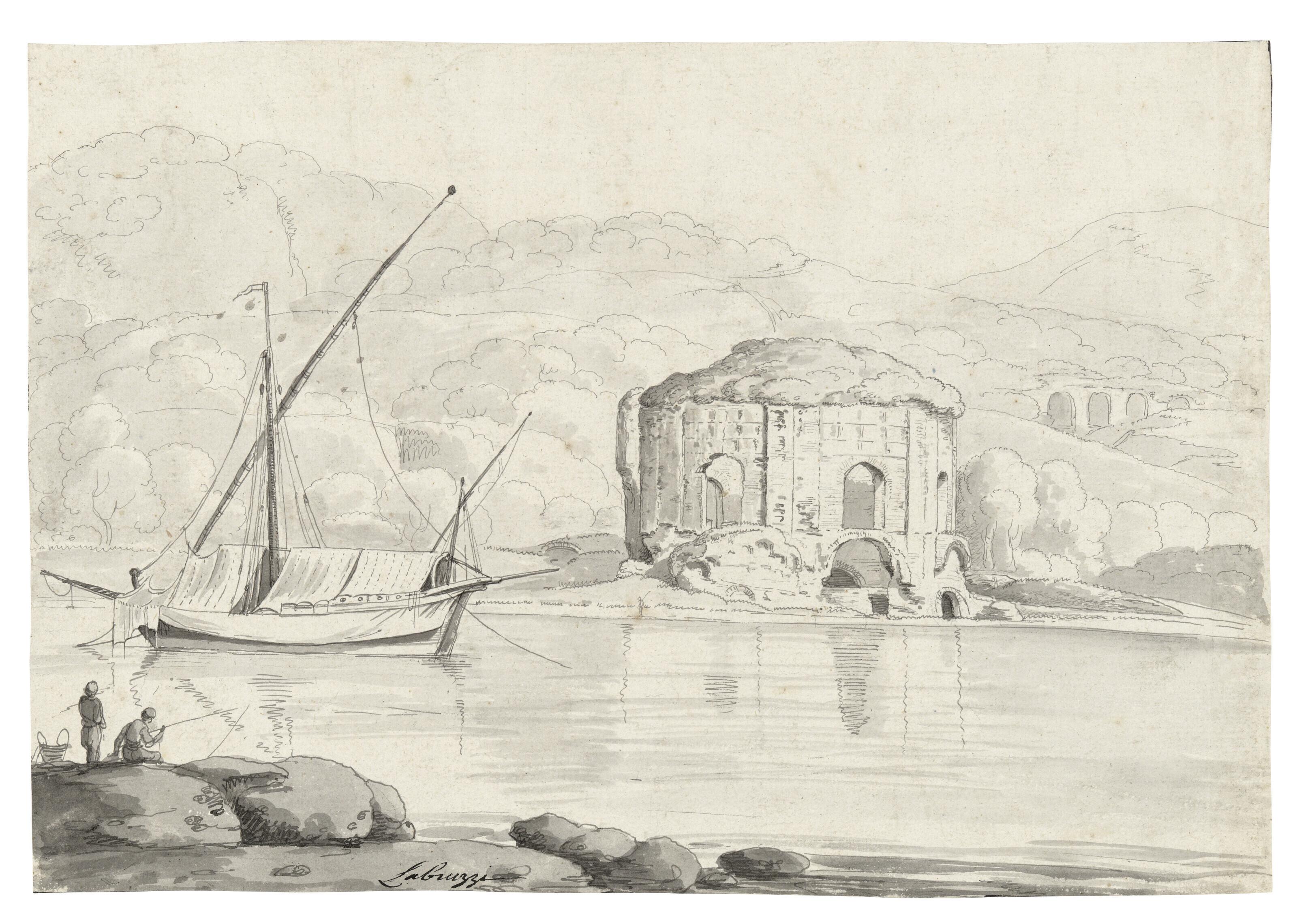 Carlo Labruzzi - The so-called Temple of Venus at Baiae, with a boat and two fishermen in the foreground