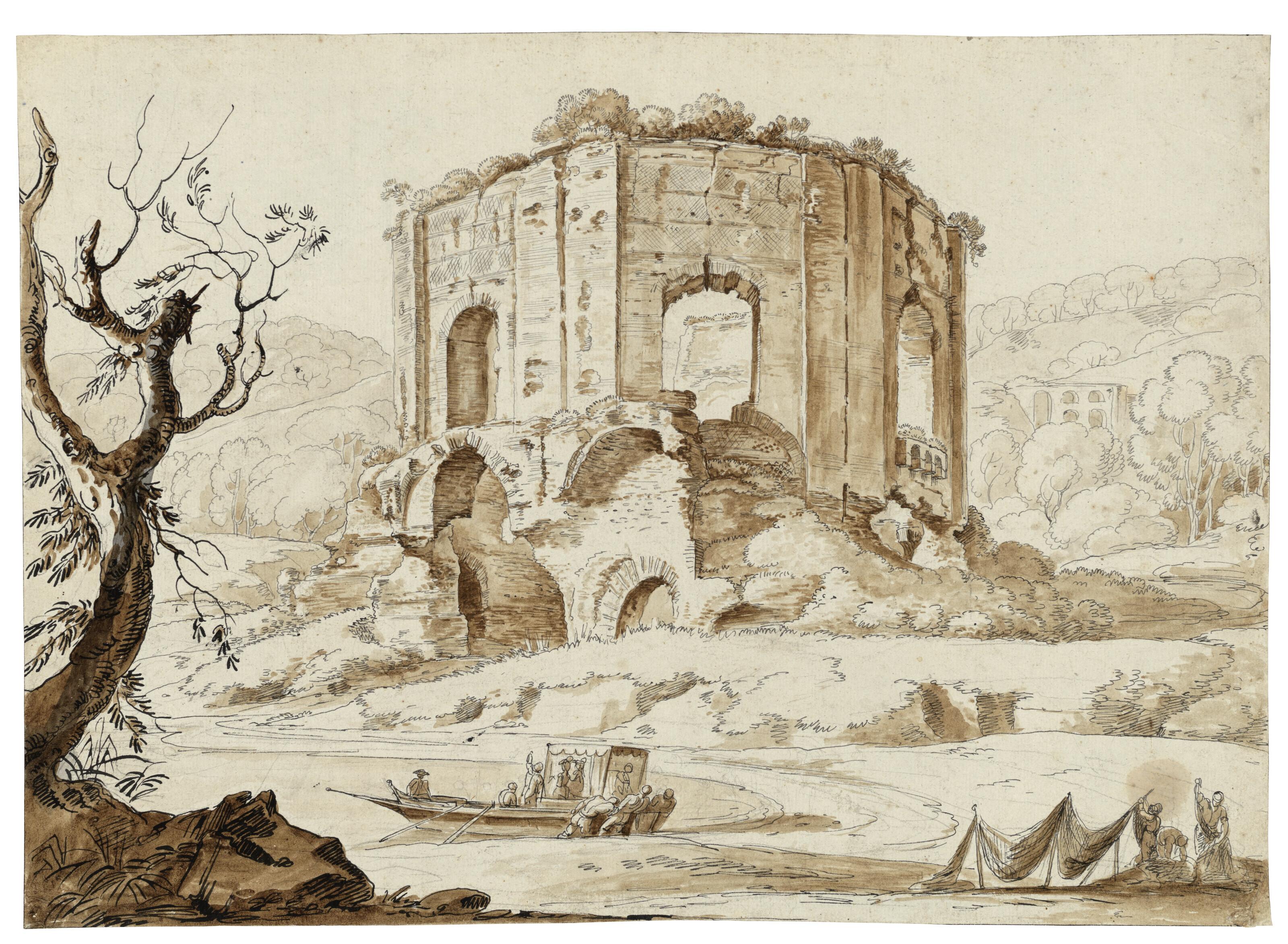 Carlo Labruzzi - The so-called Temple of Venus at Baiae, with tourists preparing to disembark and fishermen mending nets