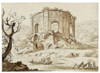 Carlo Labruzzi - The so-called Temple of Venus at Baiae, with tourists preparing to disembark and fishermen mending nets