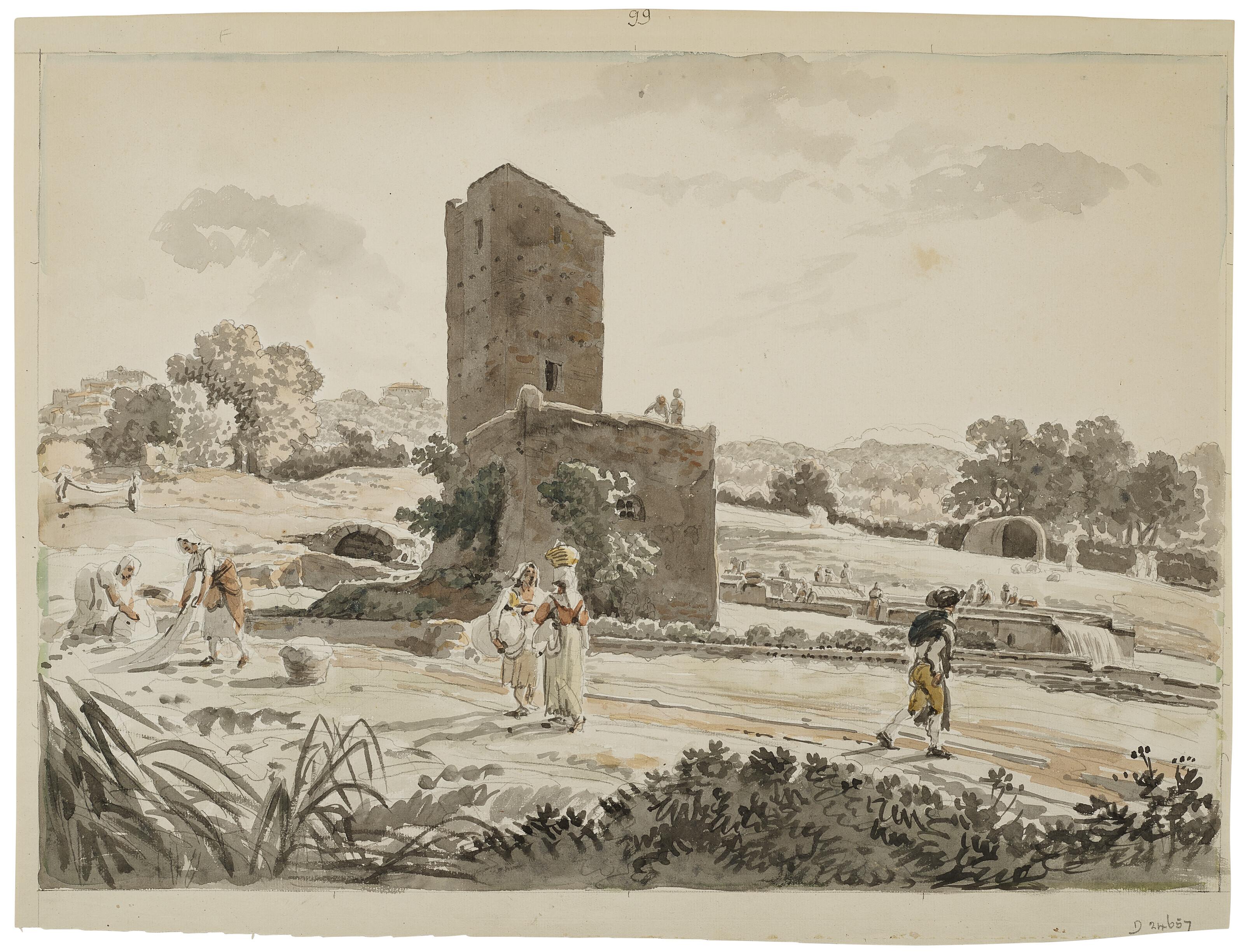 Carlo Labruzzi - Washerwomen and other figures in a landscape with a tower near Castel Gandolfo