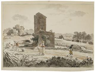 Carlo Labruzzi - Washerwomen and other figures in a landscape with a tower near Castel Gandolfo