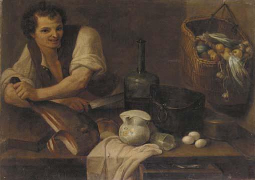 Carlo Magini - A kitchen interior with a serving boy slicing prosciutto, a basket of vegetables hanging from the wall, bread, a glass, a bottle, and other objects on a partially draped table