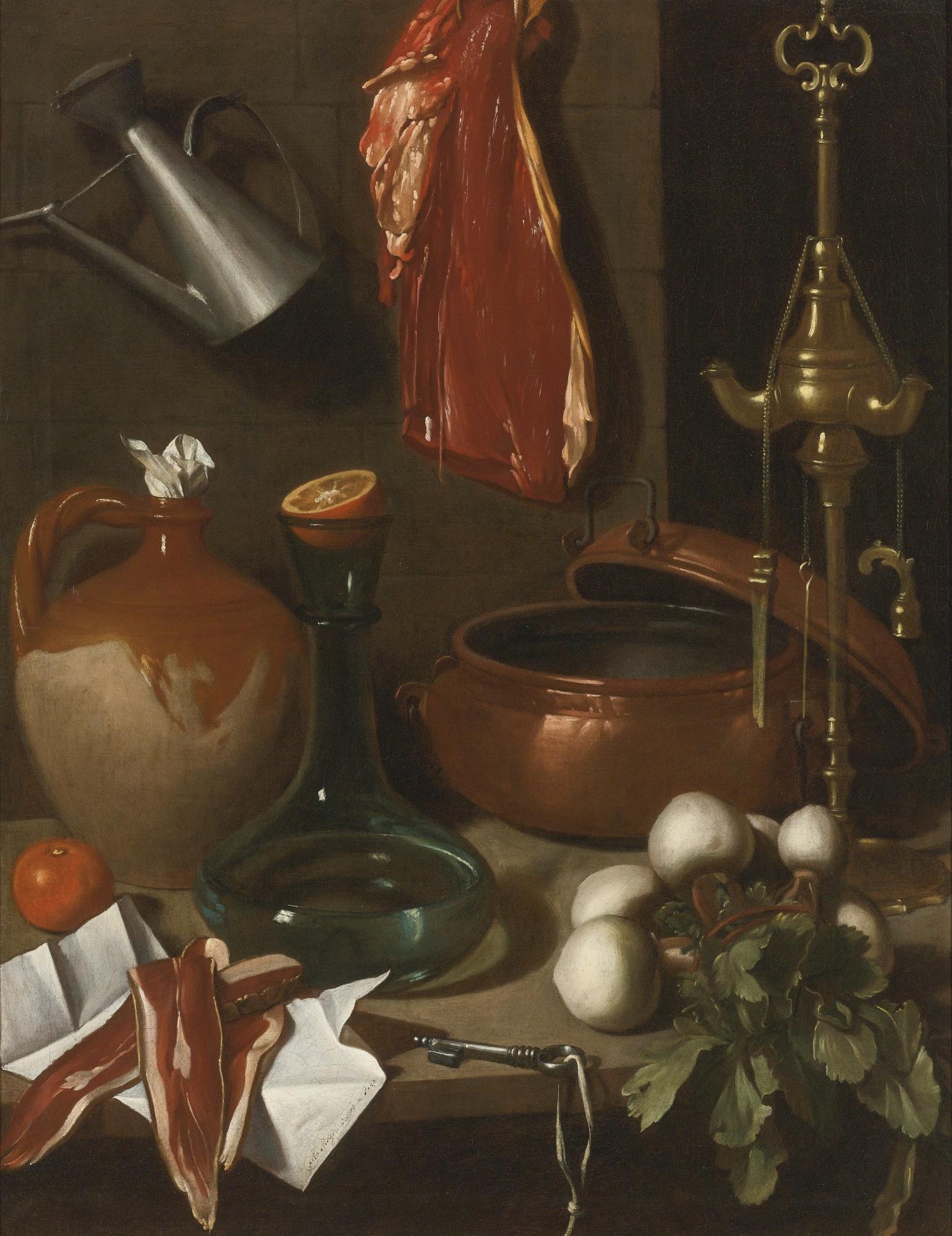 Carlo Magini - A Kitchen Still Life With Hung Meat, A Bunch Of Turnips, Oil Lamp, An Earthenware Jug, Brass Pans, A Glass Decanter Sealed With Half An Orange, A Key, And Pork (Guanciale) Resting On A Piece Of Paper, All Upon A Table-Top