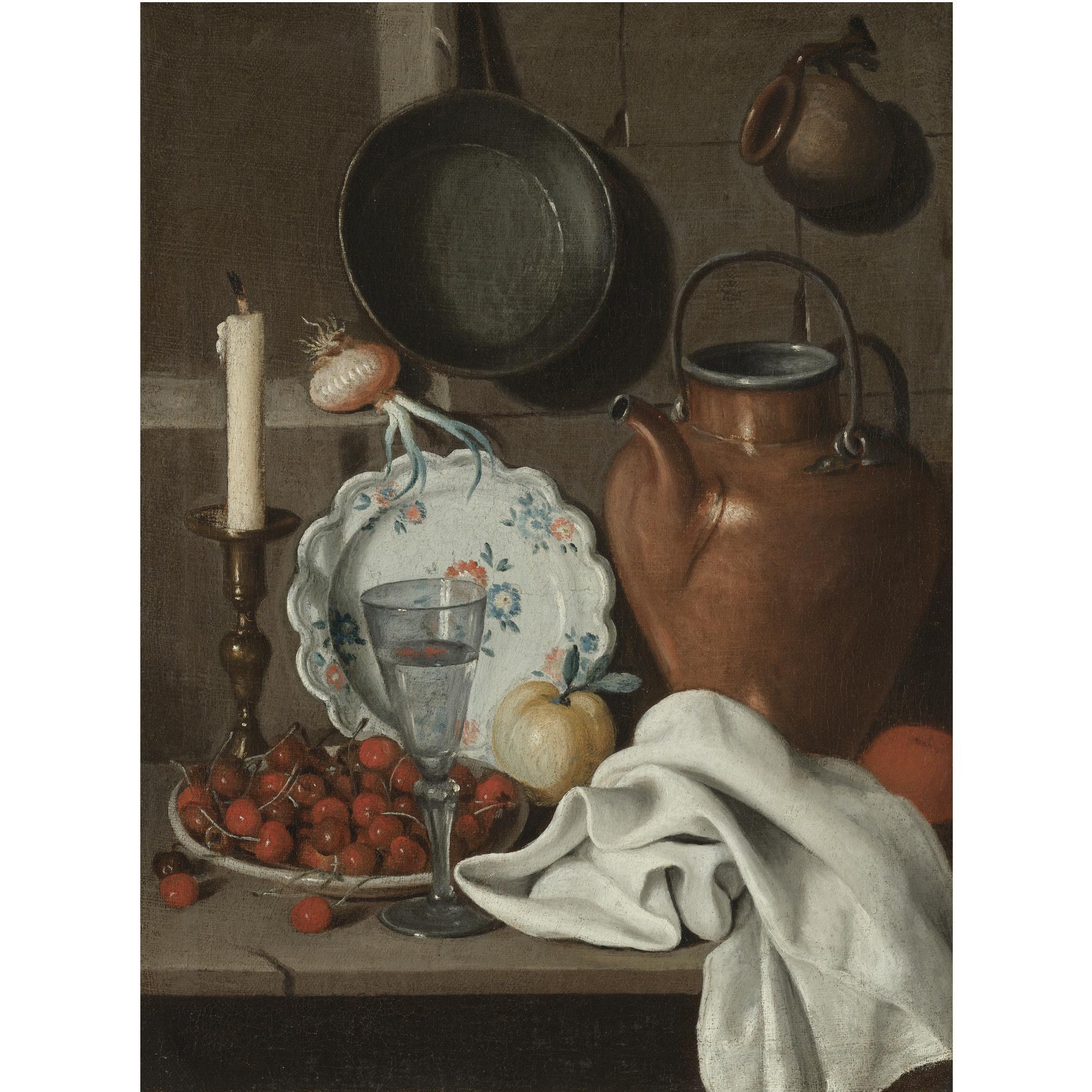 Carlo Magini - A Still Life With A Candle, Cherries In A Stoneware Bowl, A Wine Glass, A Porcelain Plate, An Apple, An Orange, A Copper Kettle And A White Table Cloth All On A Stone Ledge, Together With A Sprouting Onion, A Saucepan And A Jug 