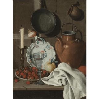 Carlo Magini - A Still Life With A Candle, Cherries In A Stoneware Bowl, A Wine Glass, A Porcelain Plate, An Apple, An Orange, A Copper Kettle And A White Table Cloth All On A Stone Ledge, Together With A Sprouting Onion, A Saucepan And A Jug 