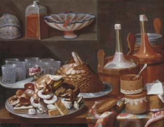 Carlo Magini - Cakes, bread, fruit, a rose, savoiardi biscuits and glasses on pewter plates with bottles in pails and decorated boxes on a partly draped table, white and blue porcelain cups and bowls with a glass jar on a ledge