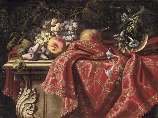 Carlo Manieri - Grapes On The Vine, Plums, Apples, Morning Glory On A Gold And Red Embroidered Tapestry, Partly Draped On A Stone Ledge