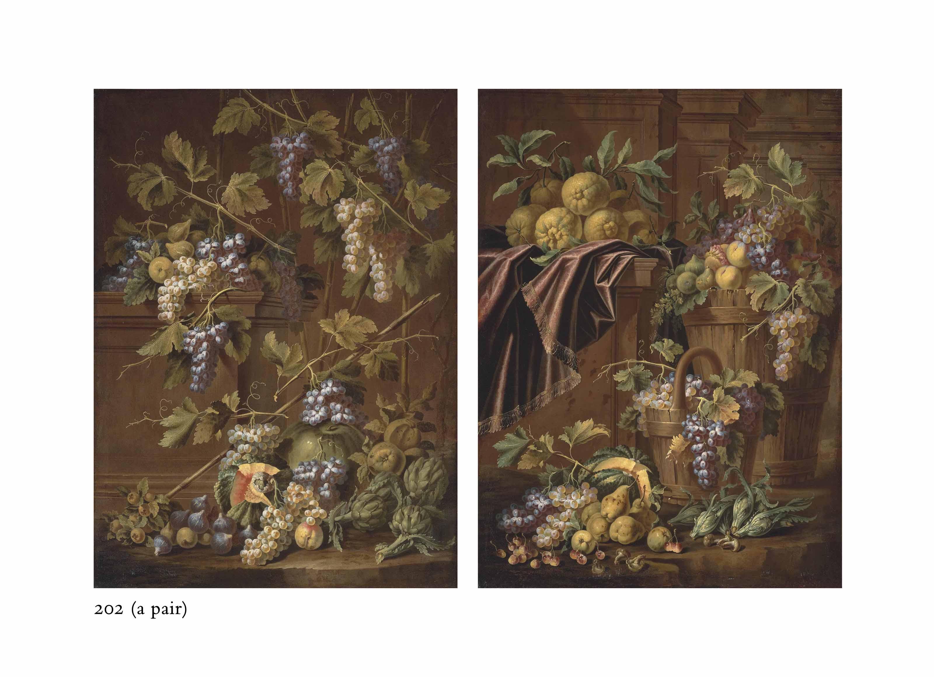 Carlo Manieri - Grapes, Peaches And Figs In A Wooden Vessel And A Basket, With Lemons On A Partially Draped Ledge; And Grapes And Figs On A Pediment Cornice, With Grapes, Melons, Figs And Artichokes