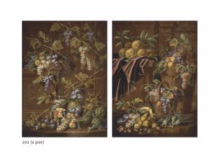 Carlo Manieri - Grapes, Peaches And Figs In A Wooden Vessel And A Basket, With Lemons On A Partially Draped Ledge; And Grapes And Figs On A Pediment Cornice, With Grapes, Melons, Figs And Artichokes