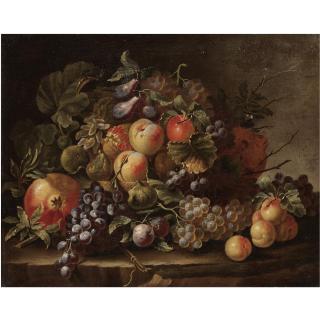 Carlo Manieri - Still Life With Grapes, Apples, Plums, Peaches And Pomegranates On A Stone Ledge