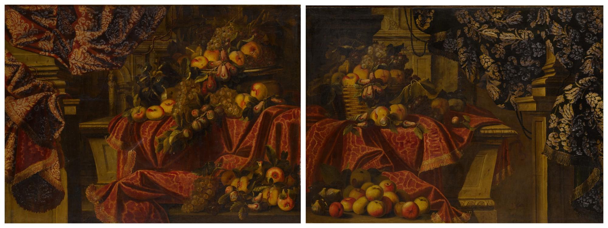 Carlo Manieri - Still lifes of fruit set on a ledge draped with brocade