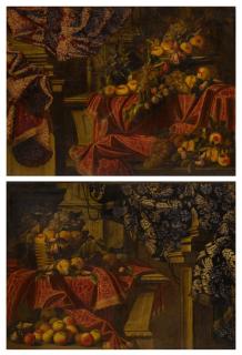 Carlo Manieri - Still lifes of fruit set on a ledge draped with brocade