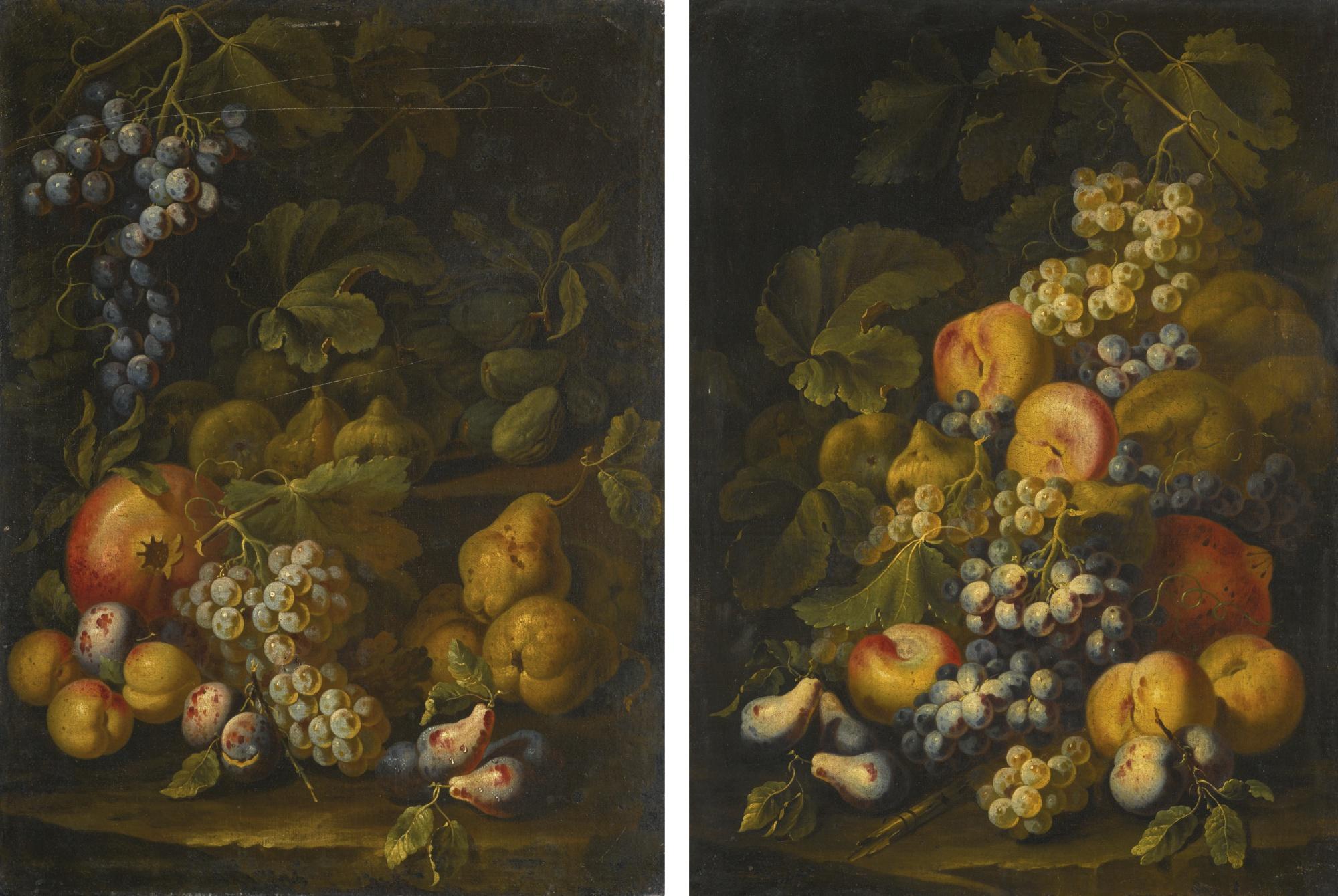 Carlo Manieri - Still Lifes Of Grapes, Pears And Peaches On A Forest Floor