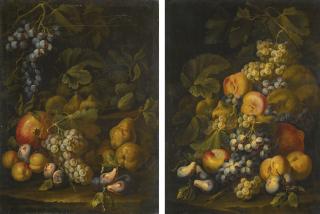 Carlo Manieri - Still Lifes Of Grapes, Pears And Peaches On A Forest Floor