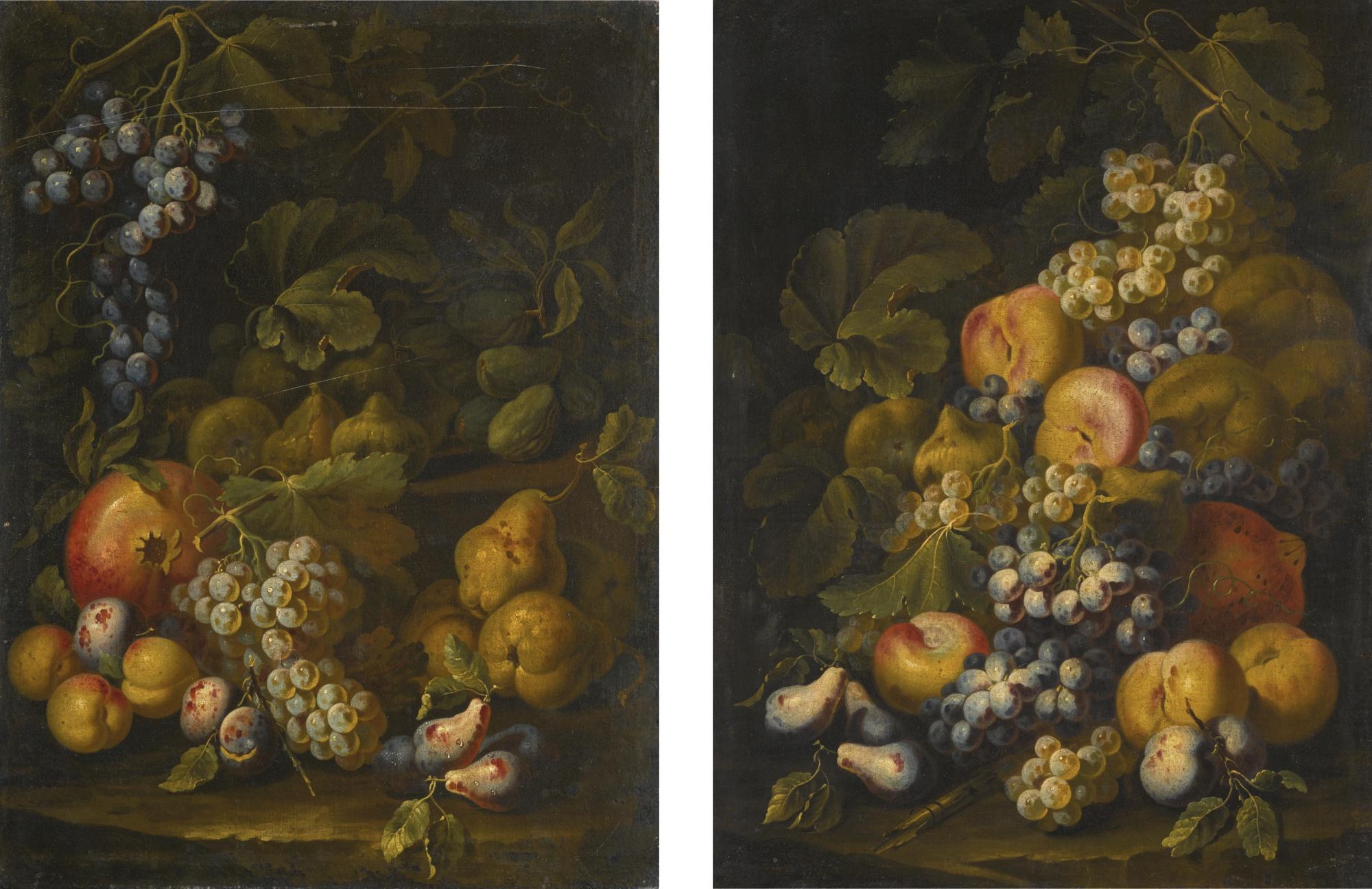 Carlo Manieri - Still Lifes Of Grapes, Pears And Peaches On A Forest Floor