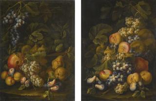 Carlo Manieri - Still Lifes Of Grapes, Pears And Peaches On A Forest Floor