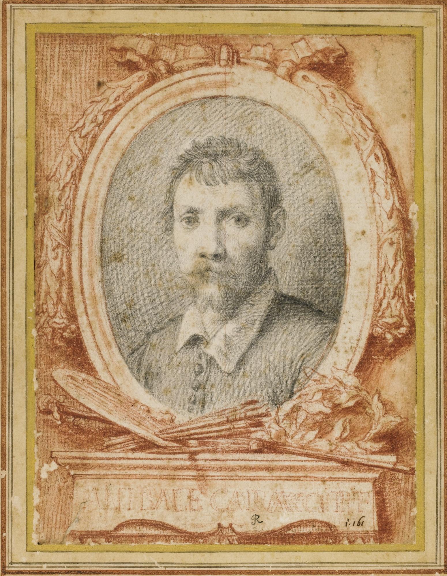 Carlo Maratti - An Oval Portrait Of Annibale Carracci, Within An Ornate Drawn Frame With A Laurel Swag, Resting On A Base Including The Painter\'S Palette And Brushes, And A Wreath