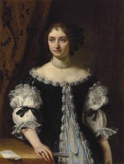 Carlo Maratti - Portrait of Maria Maddalena Rospigliosi Panciatichi (1645-1695), half-length, in a black surcote trimmed with silver embroidery over a brocade gown, holding a fan, by a draped table with a letter