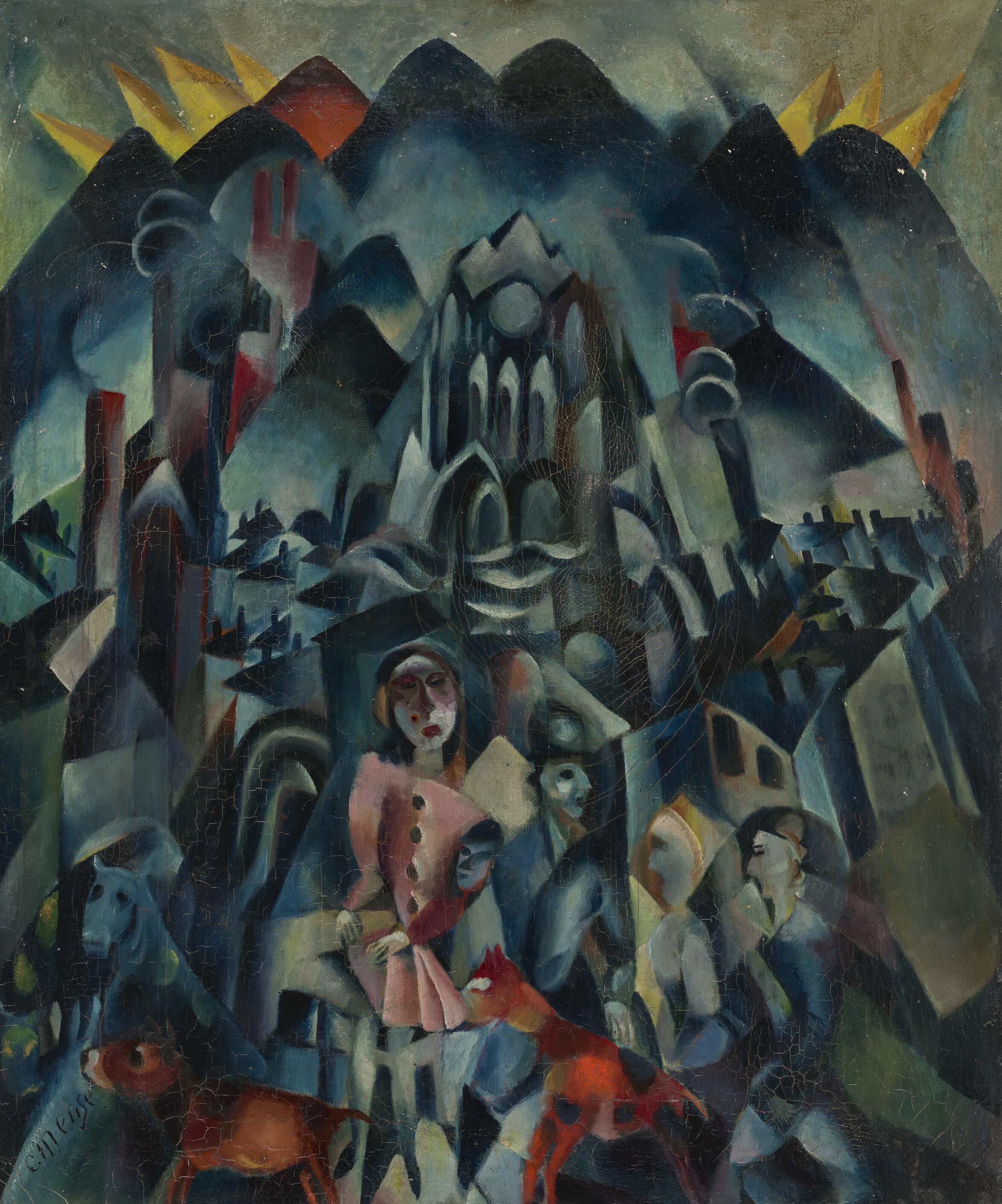 Carlo Mense - Ohne Titel (Zentrale Komposition mit Figuren, Stadt und Gebirge mit dem Chor einer Kirche)