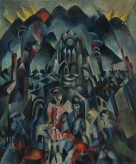 Carlo Mense - Ohne Titel (Zentrale Komposition mit Figuren, Stadt und Gebirge mit dem Chor einer Kirche)