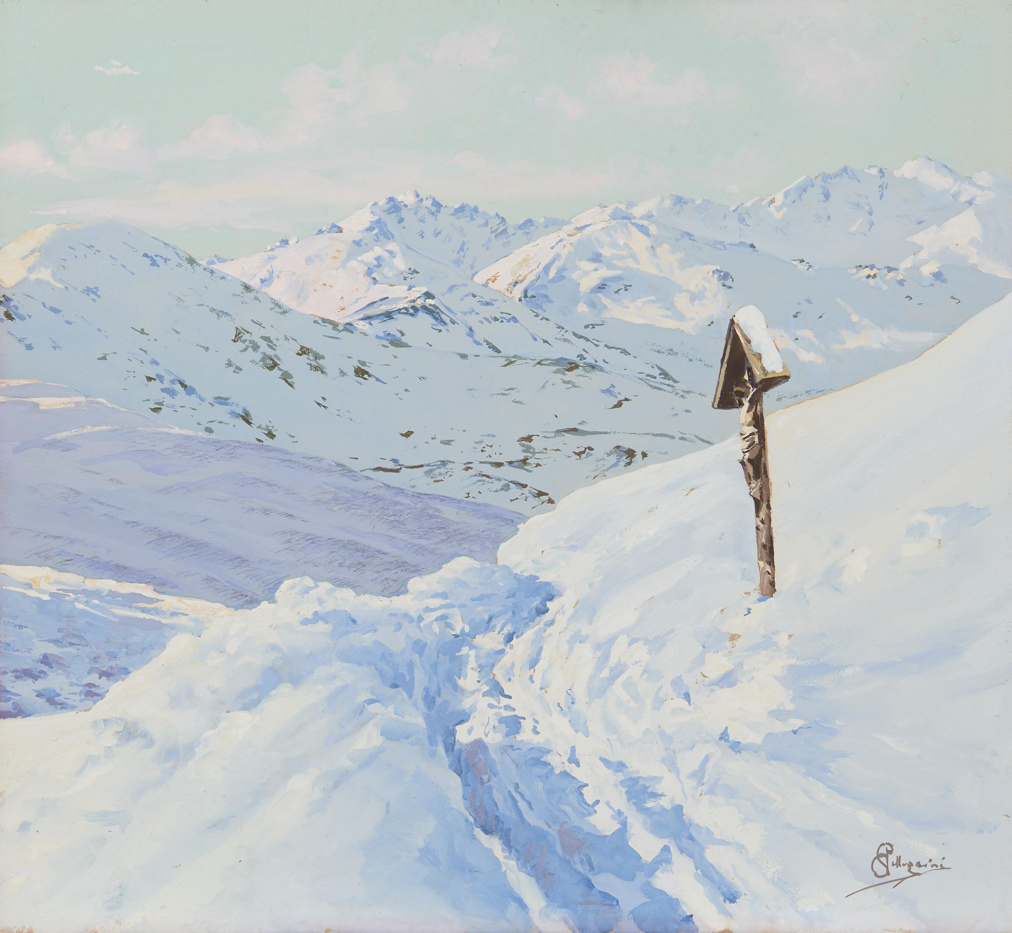 Carlo Pellegrini - Paesaggio montano innevato con croce campestre