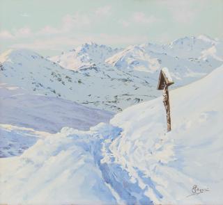 Carlo Pellegrini - Paesaggio montano innevato con croce campestre