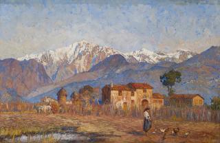 Carlo Prada - Scorcio con cascina e montagne innevate sullo sfondo