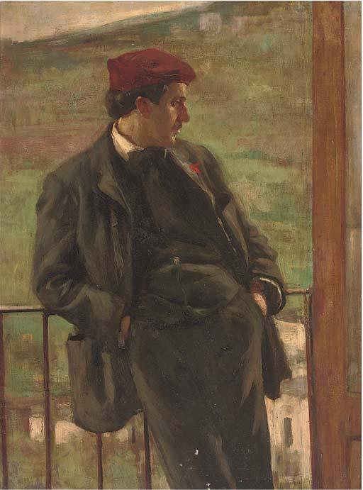 Carlo Siviero - Portrait of Doctor Lepore of Naples, three-quater-length, in a burgundy hat, a landscape beyond