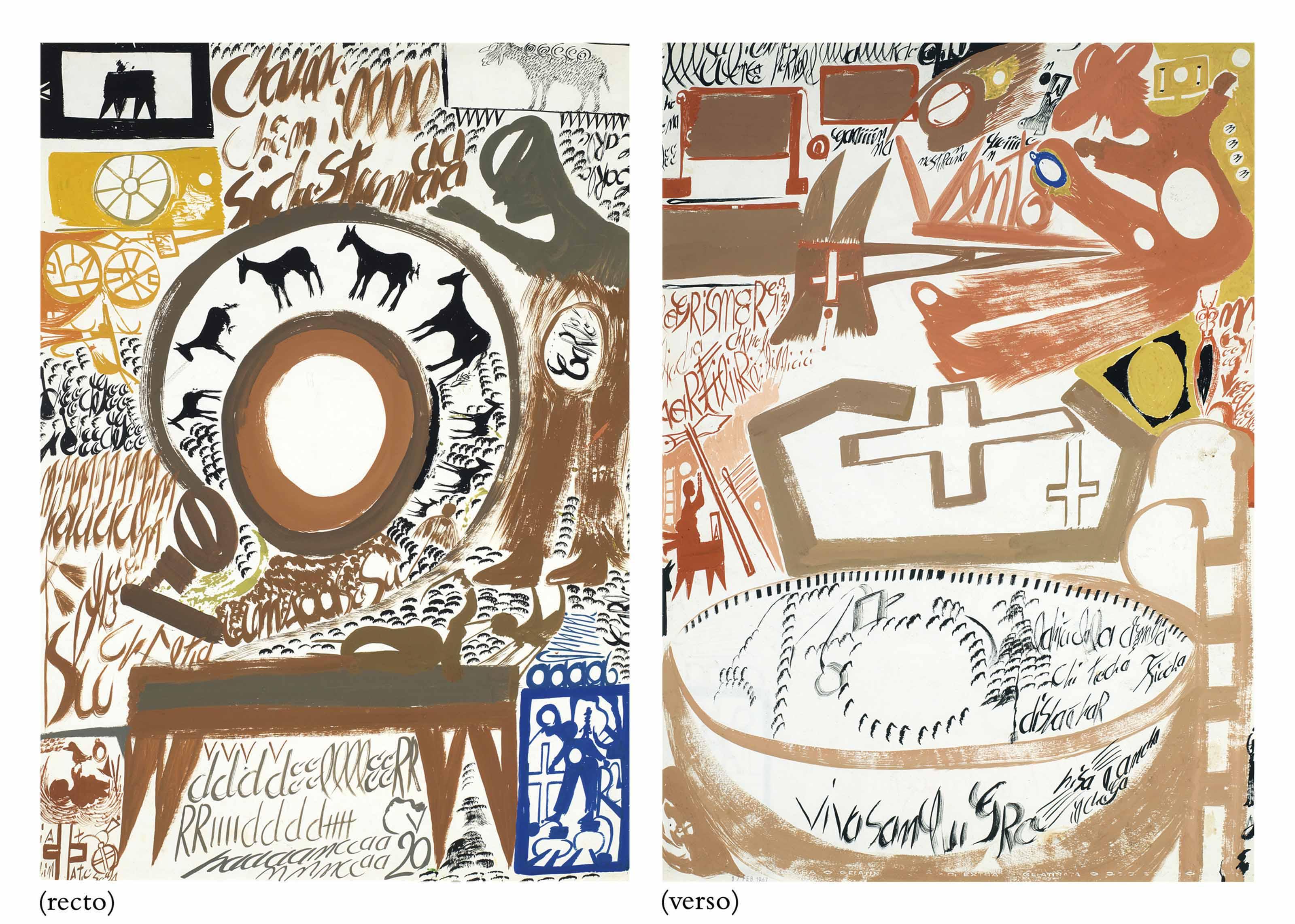 Carlo Zinelli - Brown Circle with Horses / Pink Figure with Crosses, double sided, 1967