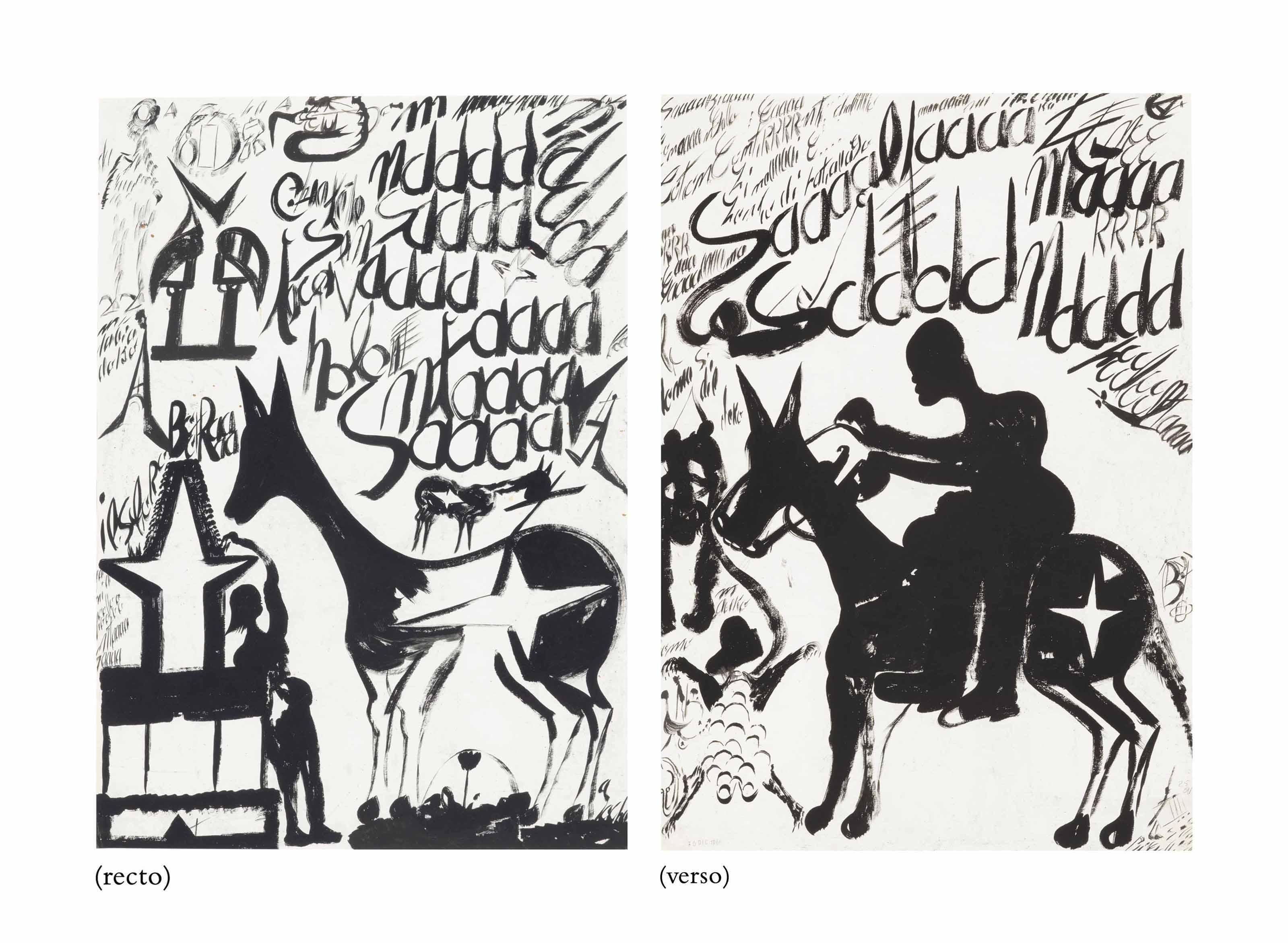 Carlo Zinelli - Cavalle E Scritte Nere Su Sfondo Bianco (double-sided), 1966