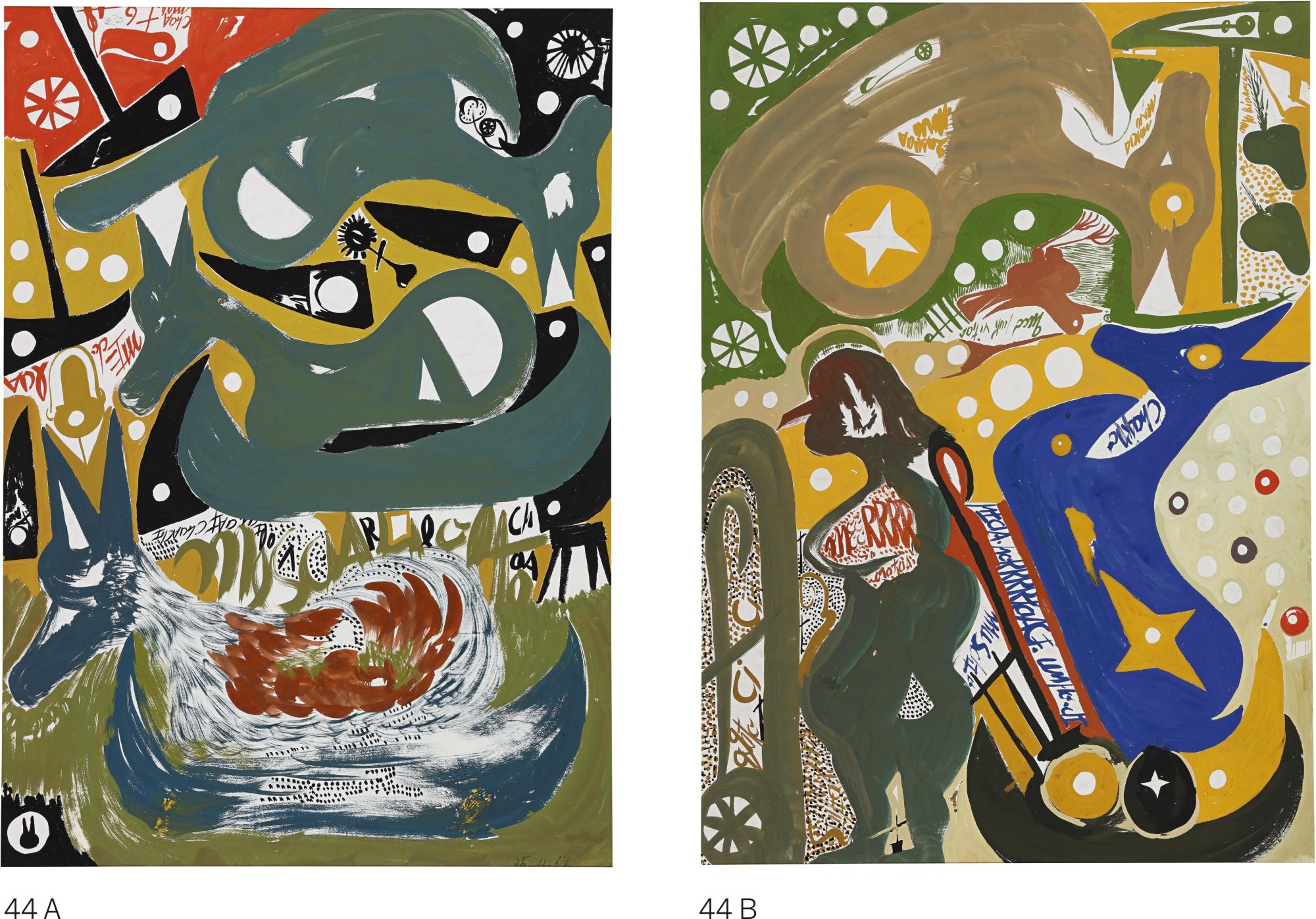 Carlo Zinelli - Due Grandi Cavalli Stellati Seduit Blu E Beige Su Barche And Tre Grandi Cavalli Seduit Su Barche E Picconi Neri