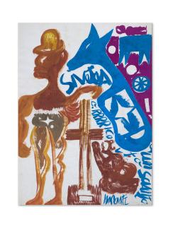 Carlo Zinelli - Sans titre (Grande alpino giallo con croce e cavallo stellato blu) ; Sans titre (Cavallo bruno seduto con figura distesa e fiori gialli) (double-face)