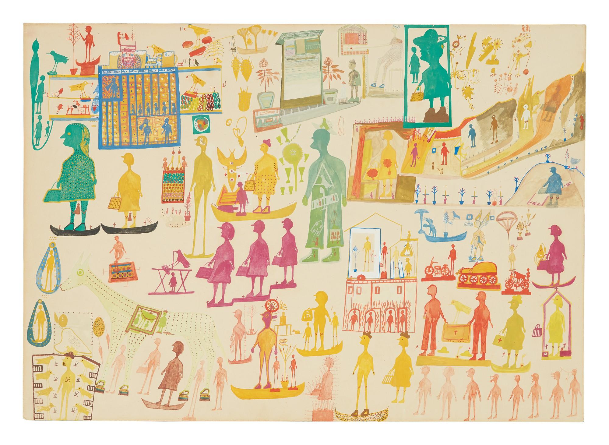 Carlo Zinelli - Uccello Verde Tratteggiato E Maschera Con Uccello Rosso (Dotted Green Bird And Mask With Red Bird)