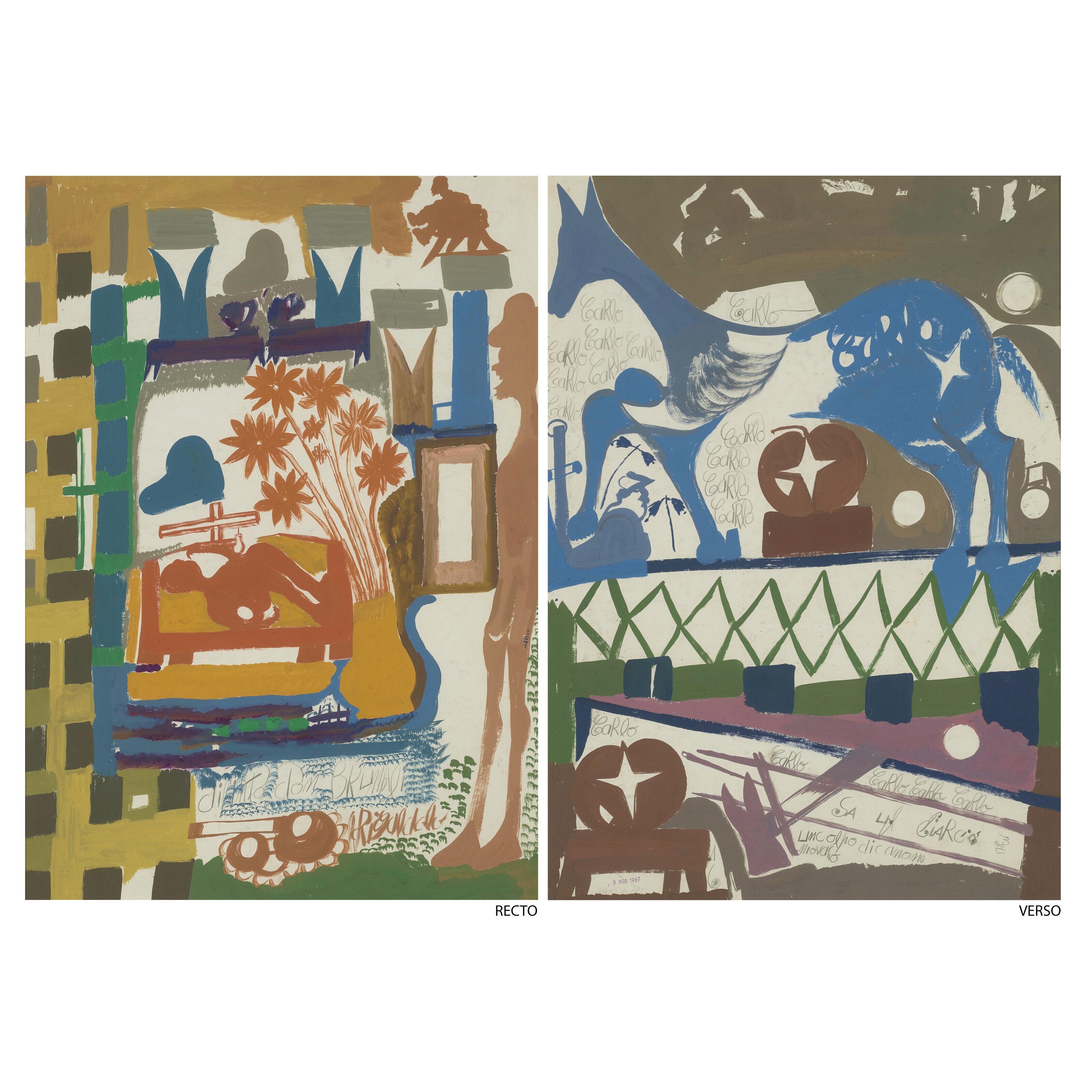 Carlo Zinelli - Untitled (Blue Horse/ Orange Figure), double sided, 1967