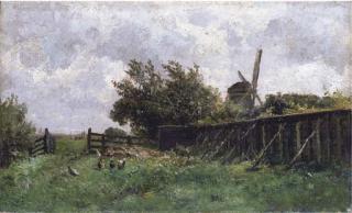 Carlos de Haes - Paisaje holandés con gallinas y un molino al fondo