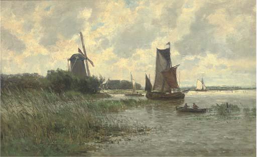 Carlos de Haes - Vessels On A Dutch Waterway