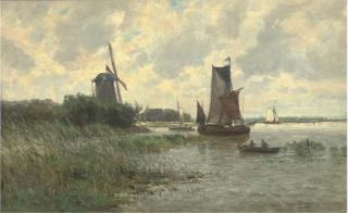 Carlos de Haes - Vessels On A Dutch Waterway