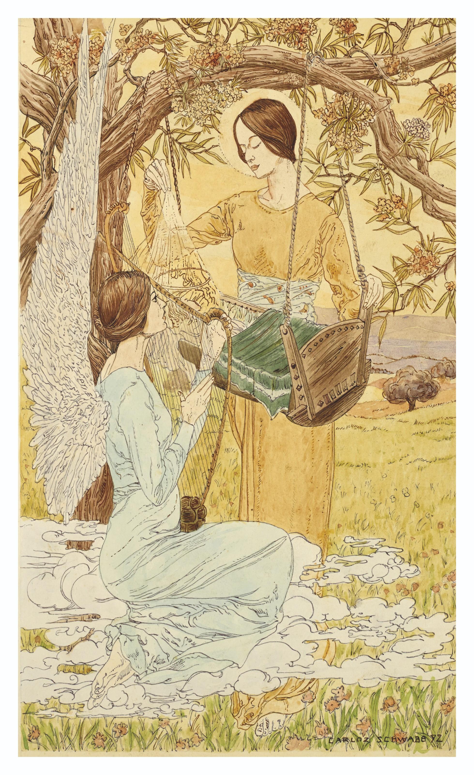 Carlos Schwabe - Two women with a cradle, one of them winged