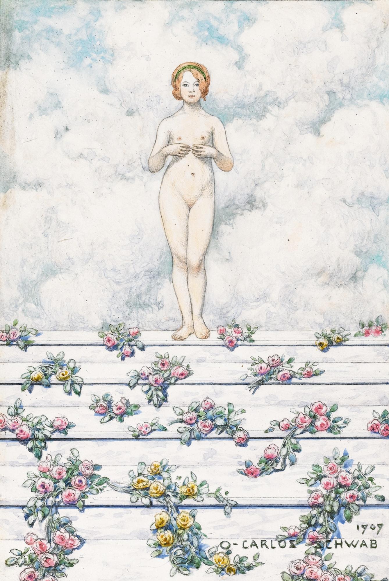 Carlos Schwabe - Young Girl By A Flowered Staircase