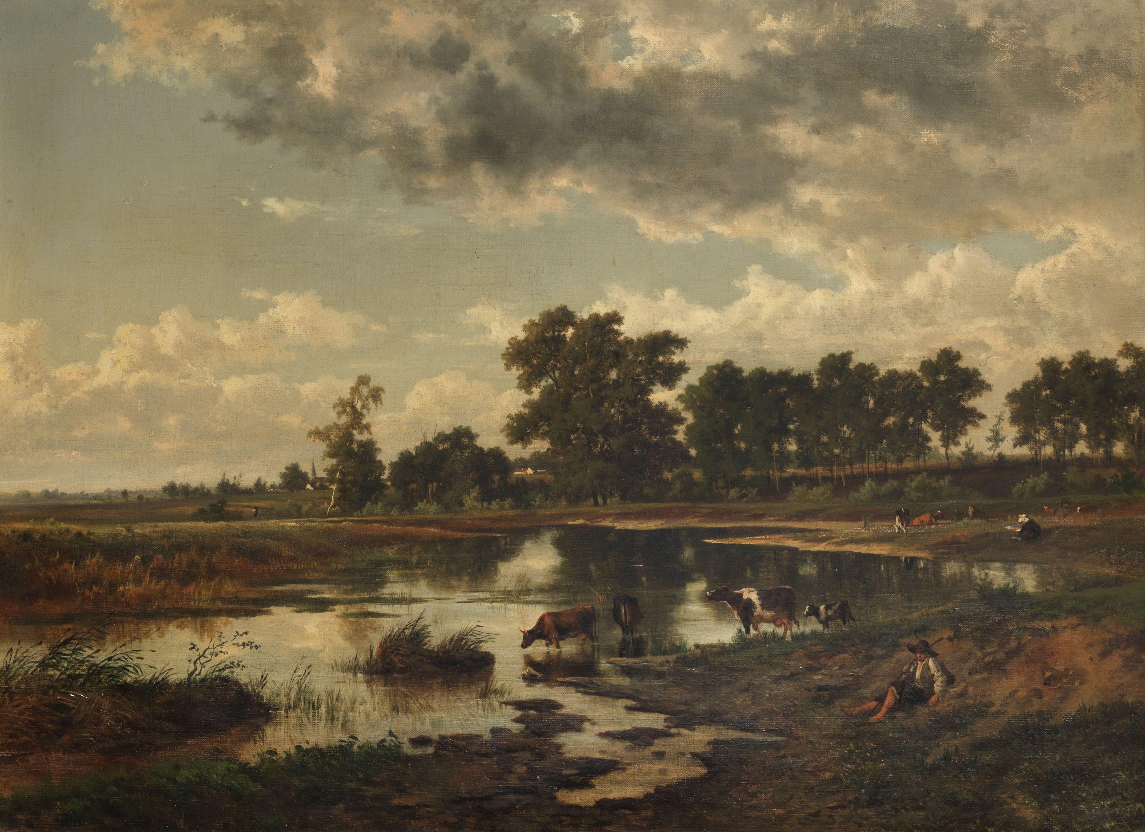 Carlos Sebastián Pedro Hubert de Haes - Cattle watering by a river