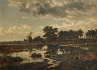 Carlos Sebastián Pedro Hubert de Haes - Cattle watering by a river