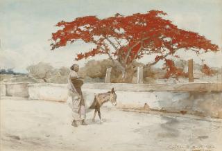 Carlton Alfred Smith, R.I. - A woman with a donkey walking beneath a flame tree, India