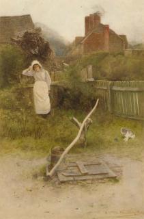 Carlton Alfred Smith - A woman playing with a cat by a well