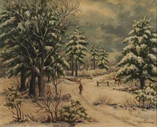 Carmine A. Carbone - Snowy Country Scene with Figure on a Path and Horse in a Paddock