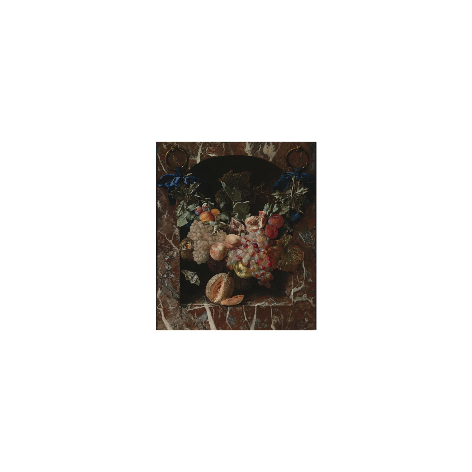Carstian Luyckx - A Festoon Of Fruits, Including Peaches, Grapes, Plums And Hazelnuts, Suspended By Blue Ribbons Before A Marble Niche, With A Melon Resting On A Ledge Below